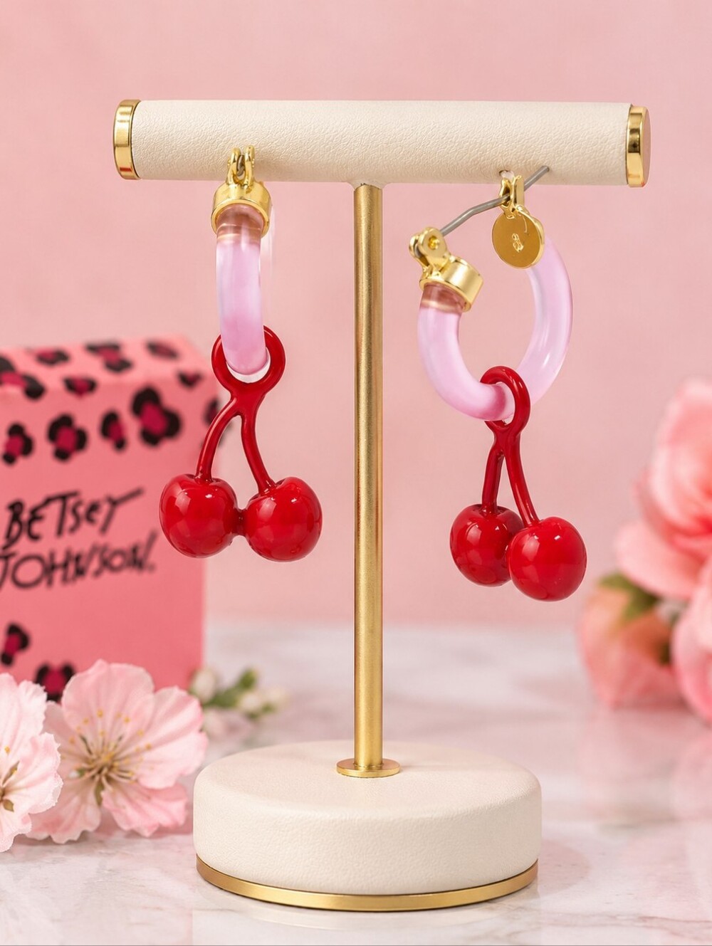 Betsey Johnson Cherry Charm Pink Huggie Hoop Earrings NWT Gold Tone